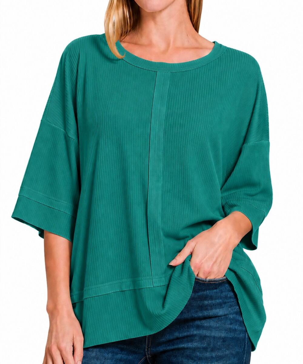 Zenana Off Green Ribbed Boat Neck 3/4 Sleeve Top size 2XL/3XL